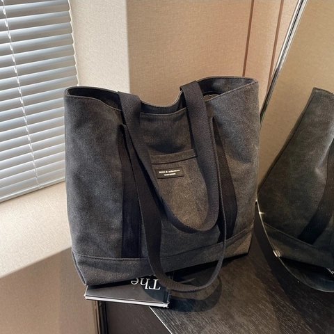 Women Large Capacity Canvas Tote Bag Minimalist Urban Style Shoulder Handbag With Front Pocket Solid Color Daily Commuter Bag