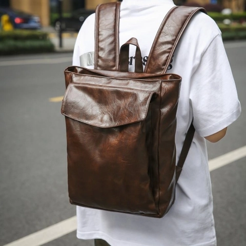 Vintage PU Leather Backpack For Men Women Simple Waterproof Laptop Bag Casual Urban Travel School Daypack Solid Color Stitched Bag