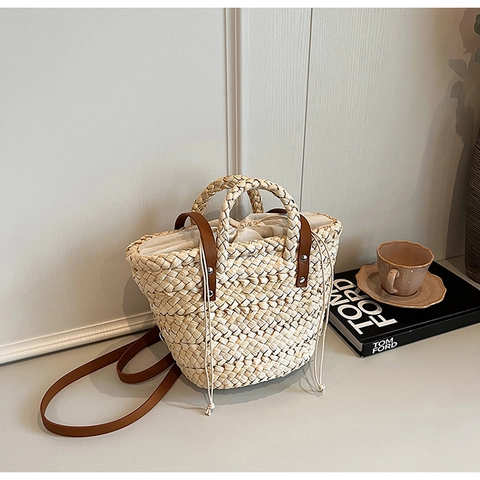 Damen Urban Minimalistisch Strohgewebe Handtasche Mit Lederband Beige Kordelzug Eimer Schulter Umhängetasche Für Den Alltag