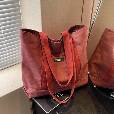 Women Large Capacity Canvas Tote Bag Minimalist Urban Style Shoulder Handbag With Front Pocket Solid Color Daily Commuter Bag