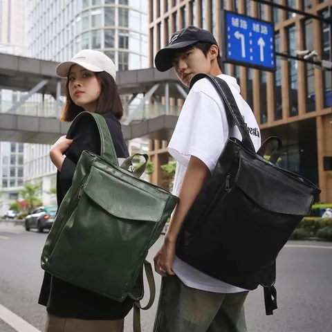 Vintage PU Leather Backpack For Men Women Simple Waterproof Laptop Bag Casual Urban Travel School Daypack Solid Color Stitched Bag