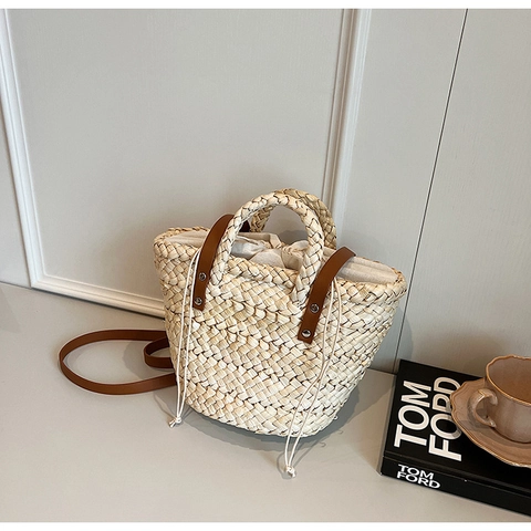 Damen Urban Minimalistisch Strohgewebe Handtasche Mit Lederband Beige Kordelzug Eimer Schulter Umhängetasche Für Den Alltag