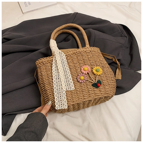 Women Straw Handbag With Floral Decoration Lace Ribbon Summer Beach Tote Bag Pastoral Style Hand Woven Travel Handbag