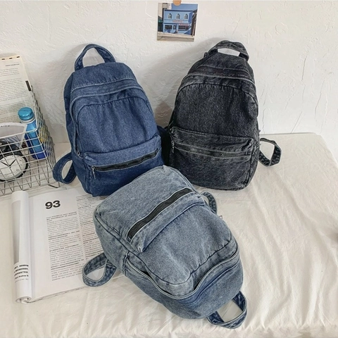 2024 New Design Denim Fabric Backpack For Women Minimalist Washed Jeans Style Casual Shoulder Bag Retro Streetwear Schoolbag