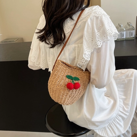 Damen Mode Strohgeflecht Beuteltasche Handgemachte Kirsch Blumen Dekor Sommer Strand Umhängetasche Pastoral Stil Handtasche