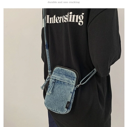 Urban Minimalist Washed Denim Crossbody Bag For Women Retro Casual Small Shoulder Bag Zipper Mobile Phone Purse With Strap
