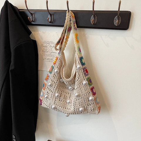 Boho Handgewebte Strick Tragetasche Mit Künstlicher Perlenverzierung Bunte Blumige Häkelgurte Ajouré Umhängetasche Für Damen