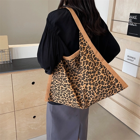 Fashion Leopard Print Canvas Tote Bag Large Capacity Women Shoulder Shopping Bag Casual Handbag For Daily Use