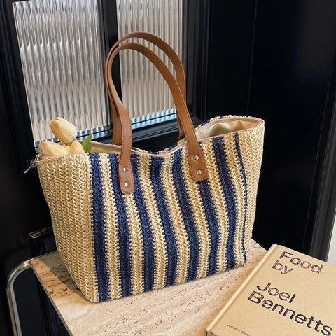 Vintage Große Kapazität Gestreifte Stroh Gewebte Tragetasche Für Damen Sommer Strand Urlaub Schultertasche Mit Ledergriff