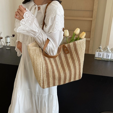 Vintage Große Kapazität Gestreifte Stroh Gewebte Tragetasche Für Damen Sommer Strand Urlaub Schultertasche Mit Ledergriff
