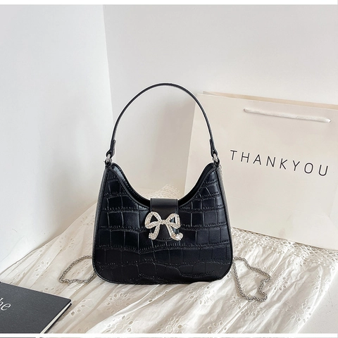 Borsa a Tracolla da Donna Elegante in PU con Motivo a Coccodrillo e Fiocco di Strass Borsa a Mano Versatile per Feste Quotidiane
