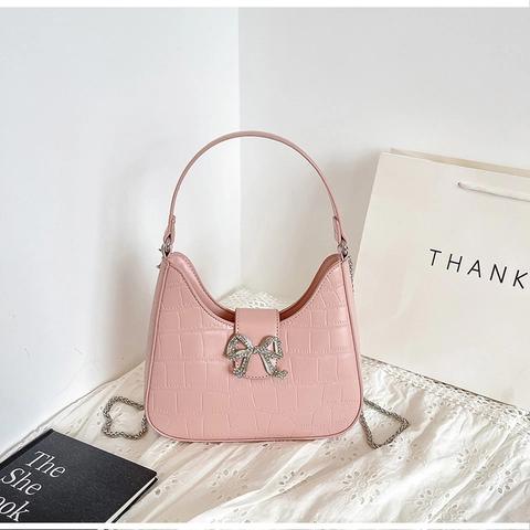 Borsa a Tracolla da Donna Elegante in PU con Motivo a Coccodrillo e Fiocco di Strass Borsa a Mano Versatile per Feste Quotidiane