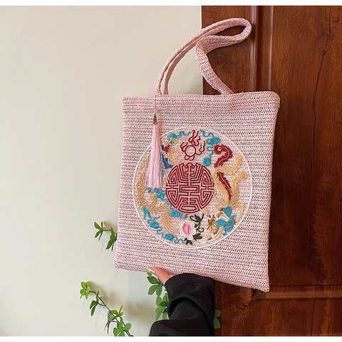 Borsa a Tracolla da Donna Minimalista in Paglia Con Ricamo Drago Fenice Grande Borsa Tote Con Nappa Per Vacanza Quotidiano