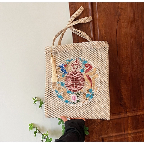Borsa a Tracolla da Donna Minimalista in Paglia Con Ricamo Drago Fenice Grande Borsa Tote Con Nappa Per Vacanza Quotidiano