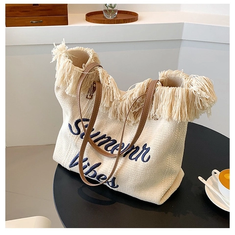Bolso Tote de Lona Tejida para Mujer Flecos Gran Capacidad Bolso de Hombro Summer Vibes Bordado Bolso de Mano de Playa