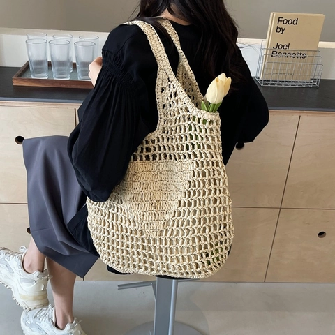 Borsa Tote da Donna in Cotone Intrecciato a Rete Grande Capacità Borsa a Tracolla Traforata Stile Bohemien Vacanza Mare