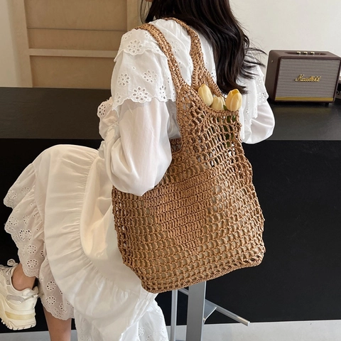 Borsa Tote da Donna in Cotone Intrecciato a Rete Grande Capacità Borsa a Tracolla Traforata Stile Bohemien Vacanza Mare