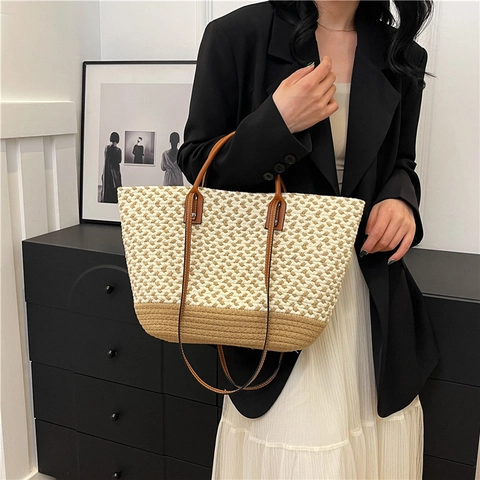 Sac Cabas en Paille Tissé à la Main Bohême Grande Capacité Été Plage Vacances Sac à Épaule Minimaliste Décontracté Femme