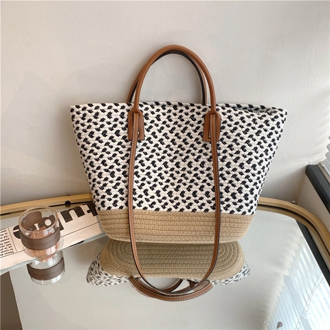 Sac Cabas en Paille Tissé à la Main Bohême Grande Capacité Été Plage Vacances Sac à Épaule Minimaliste Décontracté Femme