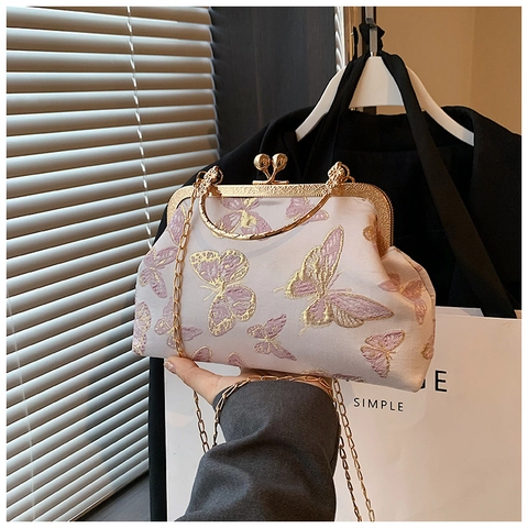 Borsa a Tracolla in Raso Ricamata con Farfalle per Donna Borsa Vintage con Chiusura a Scatto e Manico in Metallo Oro