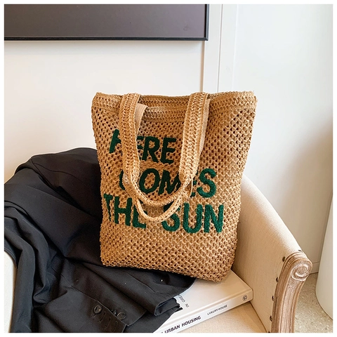 Borsa Tote in Paglia Intrecciata di Moda Borsa a Mano di Grande Capacità Con Ricamo a Lettere Verdi per Donna Estate Spiaggia Vacanza