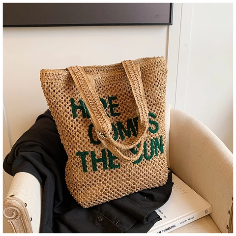 Borsa Tote in Paglia Intrecciata di Moda Borsa a Mano di Grande Capacità Con Ricamo a Lettere Verdi per Donna Estate Spiaggia Vacanza