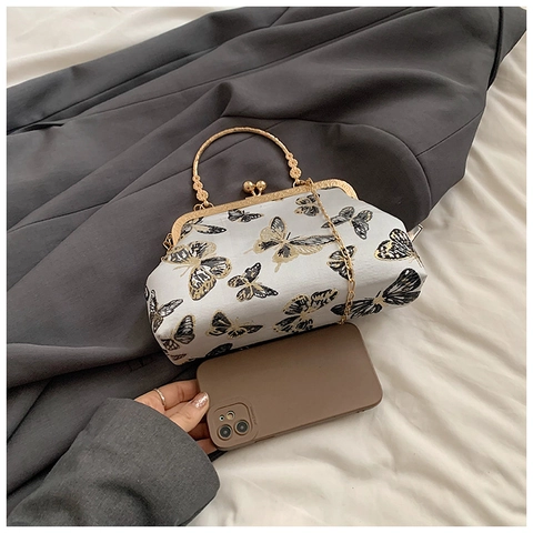 Sac à Main Vintage en Satin Broderie Papillon Fermoir Kiss-Lock Élégant Sac de Soirée Avec Bandoulière Chaîne Métallique Femme
