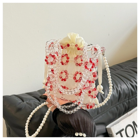 Borsa a Secchiello in Perline Fatta a Mano da Donna Motivo Floreale Rosso Bianco Fodera in Satin Tracolla in Perle Artificiali