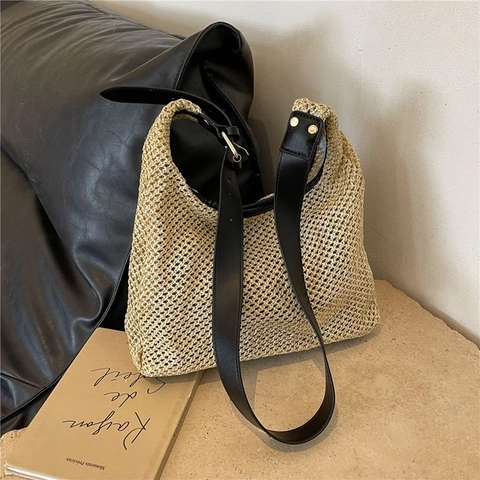 Damen Casual Gewebte Stroh Schultertasche Große Kapazität Sommer Strand Hobo Tasche Mit Verstellbarem Riemen Mode Handtasche