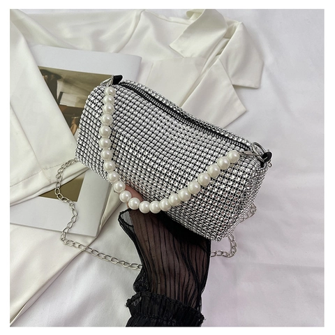 Borsa da Sera a Barile con Strass Moda Donna Con Manico in Perle Artificiali e Tracolla a Catena in Metallo Borsa a Spalla