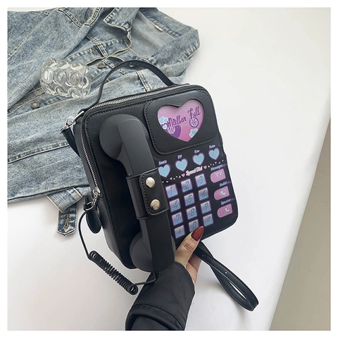 Creative Retro Telephone Shape Crossbody Bag PU Leather Novelty Heart Shoulder Bag Y2K Style Women Handbag For Daily Party