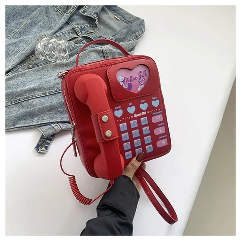 Creative Retro Telephone Shape Crossbody Bag PU Leather Novelty Heart Shoulder Bag Y2K Style Women Handbag For Daily Party