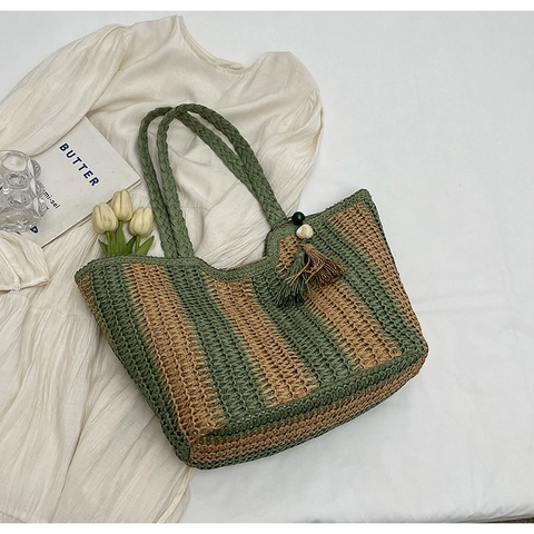 Women Fashion Woven Straw Tote Bag Striped Vacation Shoulder Bag With Tassel Large Capacity Summer Beach Handbag