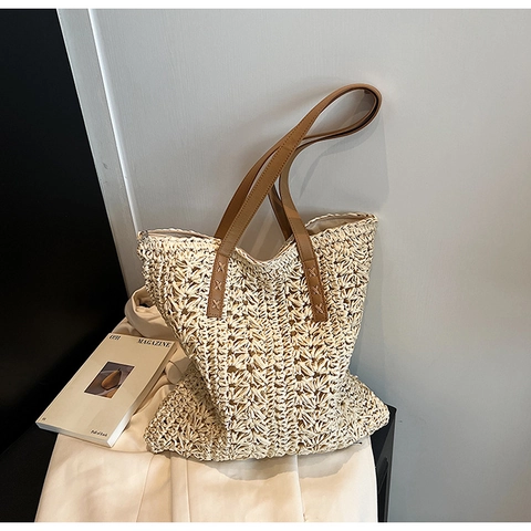 Bolso Tote de Paja Tejida para Mujer Gran Capacidad Casual Playa Bolso de Hombro Con Asa de Cuero PU Bolso de Vacaciones Simple