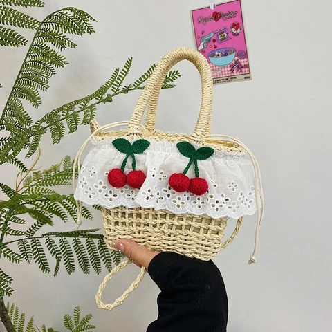 Bolso de Mano de Paja Tejida de Verano para Mujer Niña Con Decoración de Cereza Roja y Borde de Volantes de Encaje Blanco Bolso Cruzado Estilo Pastoral