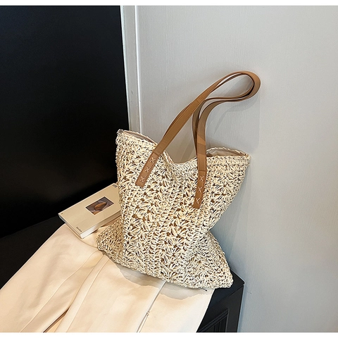 Bolso Tote de Paja Tejida para Mujer Gran Capacidad Casual Playa Bolso de Hombro Con Asa de Cuero PU Bolso de Vacaciones Simple