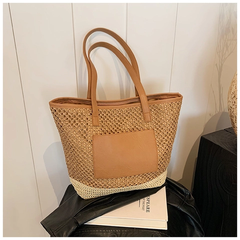 Sac Cabas Bohème en Paille Tissé Femmes Plage Été Sac à Épaule Patchwork Cuir Synthétique Vacances Main Grande Capacité