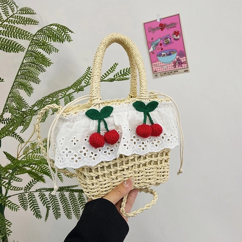 Bolso de Mano de Paja Tejida de Verano para Mujer Niña Con Decoración de Cereza Roja y Borde de Volantes de Encaje Blanco Bolso Cruzado Estilo Pastoral