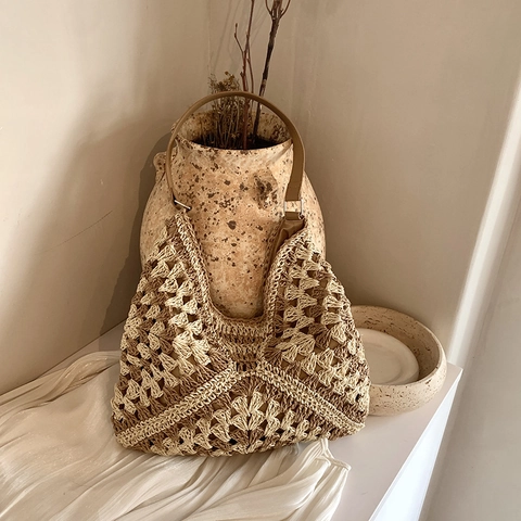 Bolso Tote de Paja Tejido a Mano Bohemio para Mujer Verano Playa Vacaciones Color de Contraste Ganchillo Hombro Debajo de la Axila Gran Capacidad
