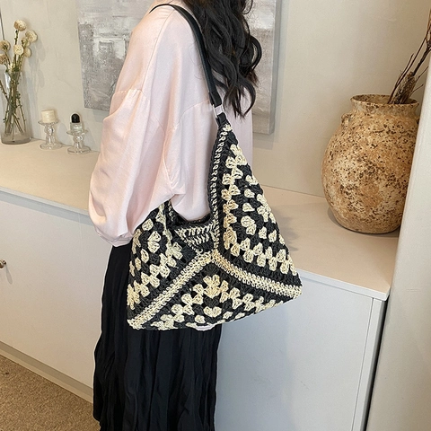 Bolso Tote de Paja Tejido a Mano Bohemio para Mujer Verano Playa Vacaciones Color de Contraste Ganchillo Hombro Debajo de la Axila Gran Capacidad