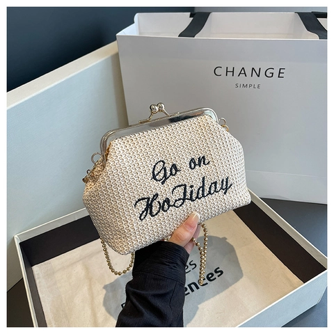 Handgewebte Stroh Umhängetasche Damen Mode Kiss-lock Schultertasche Mit Stickerei Metallkette Urlaub Strand Handtasche