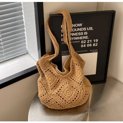 Borsa a Tracolla da Donna Casual Intrecciata all'Uncinetto Borsa Tote in Maglia a Fiori Traforata Semplice Grande Capacità