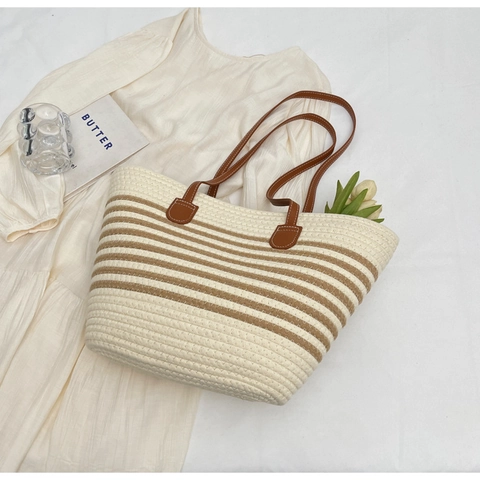 Sac Cabas Rayé en Corde Tissée Grande Capacité pour Femmes Sac à Épaule Décontracté de Plage avec Lanières en Cuir
