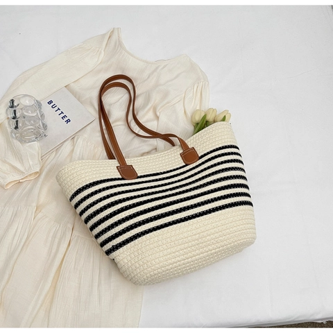 Sac Cabas Rayé en Corde Tissée Grande Capacité pour Femmes Sac à Épaule Décontracté de Plage avec Lanières en Cuir