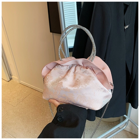 Women Vintage Chinese Style Jacquard Shoulder Bag Rhinestone Handle Ruffle Cloud Bag Elegant Evening Handbag With Chain Strap