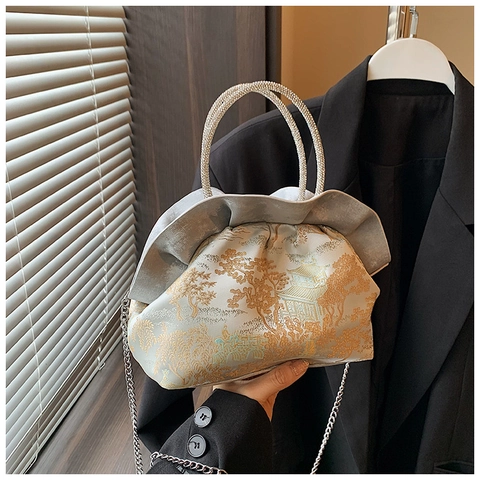 Women Vintage Chinese Style Jacquard Shoulder Bag Rhinestone Handle Ruffle Cloud Bag Elegant Evening Handbag With Chain Strap