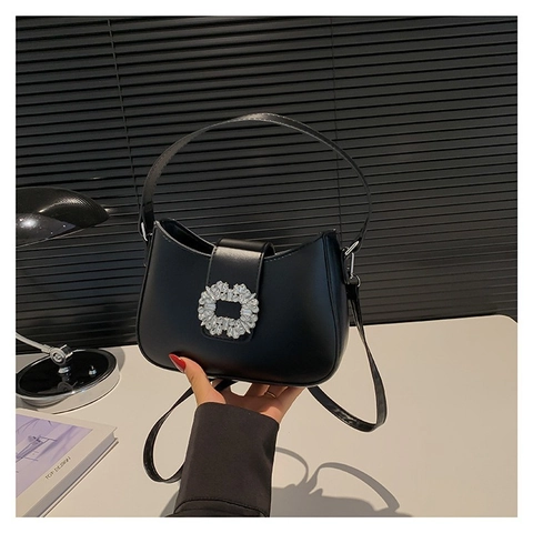 Bolso de Hombro para Mujer de Cuero PU con Hebilla de Strass Bolso Hobo de Media Luna Versátil Color Sólido Bolso de Mano Diario