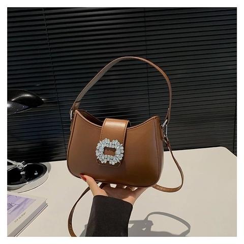 Bolso de Hombro para Mujer de Cuero PU con Hebilla de Strass Bolso Hobo de Media Luna Versátil Color Sólido Bolso de Mano Diario