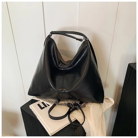 Bolso de Hombro de Cuero PU de Gran Capacidad para Mujer Plateado Metálico Negro Minimalista Hobo Tote Bag Con Cadena de Metal Diario