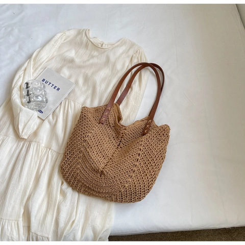 Bolso Tote de Paja Tejida para Mujer Bolso de Hombro Bohemio Trendy Gran Capacidad Bolso de Playa de Verano Con Asas de Cuero